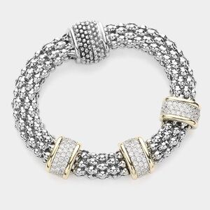 14K Gold Plated Pave Triple Bar Two Tone Bracelet With Magnetic Closure